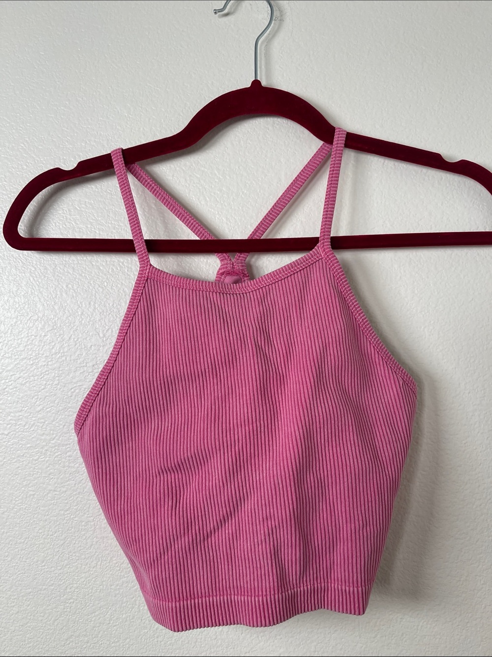Women's Pink Ribbed Halter Crop Top